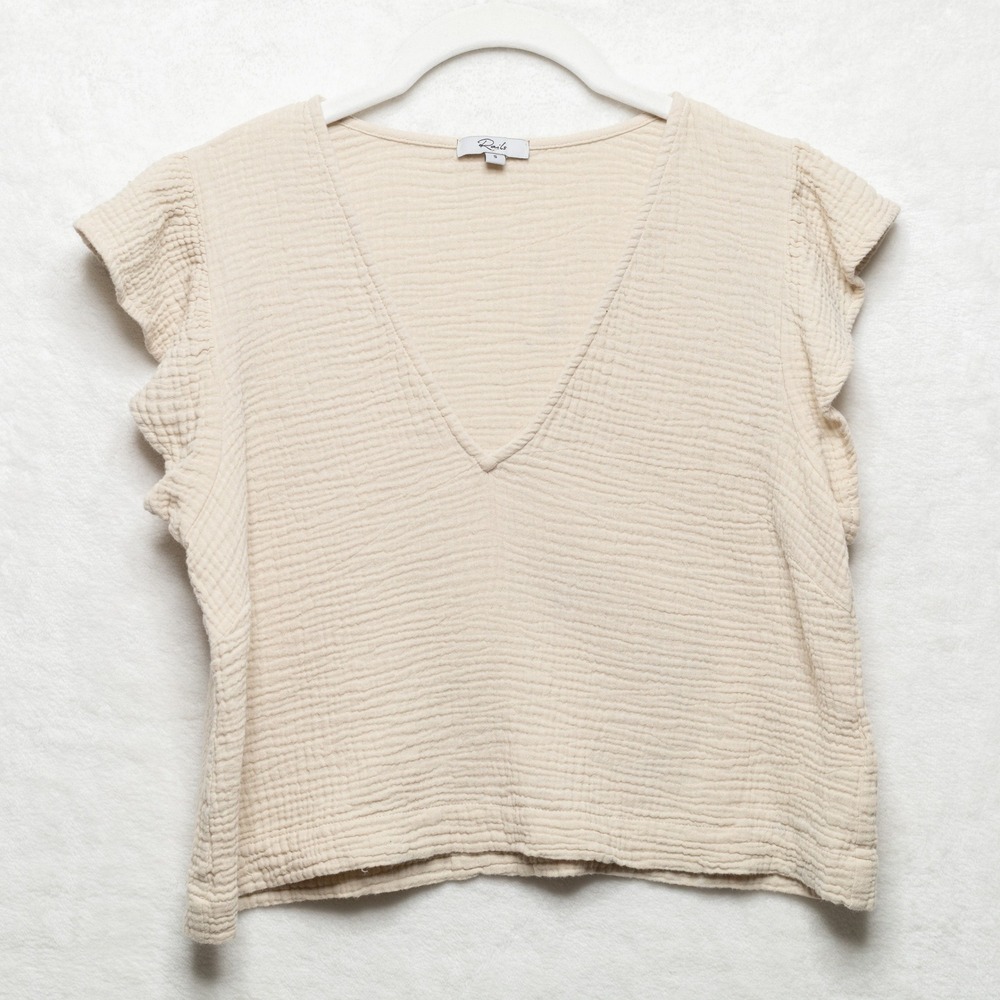 RAILS Gaia Double Gauze Cotton Flutter Sleeve V-Neck Top Beige Sz S